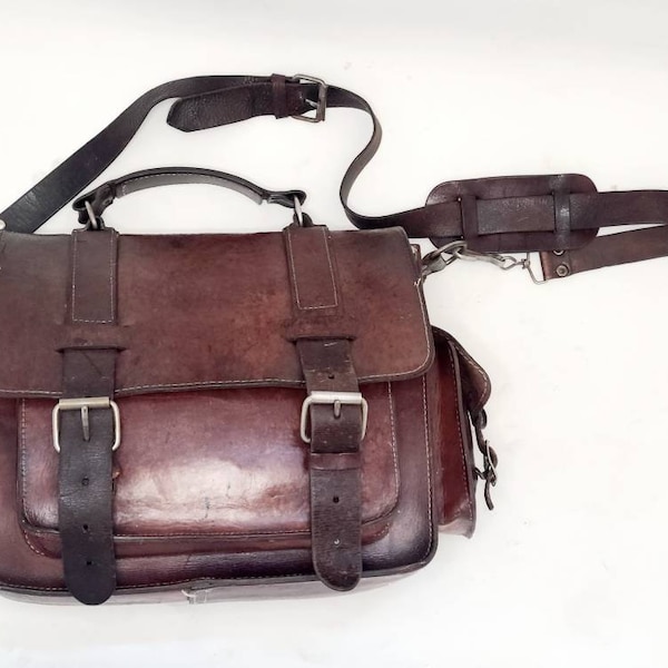 1960s True Vintage Handmade Unisex Leather Book/Messenger Bag. Silver tone hardware. Beautiful glossy patina. Approx 15x12x5in.