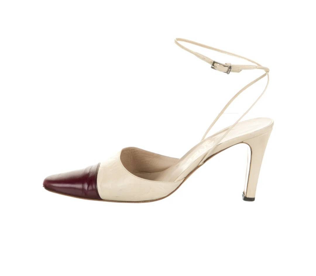 Chanel Vintage Two Tone Ankle Wrap Slingback Heels. Ivory with Burgundy Cap  Toe. 39EU 9US. Made in Italy. Chanel shoebox included.