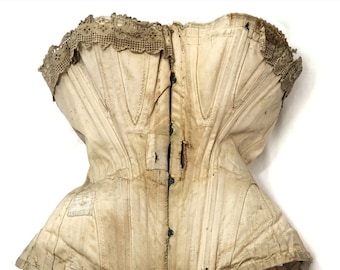 Antique French Victorian Cotton Corset With Lace Trim And Whale Baleen Boning, ca. 1880s
