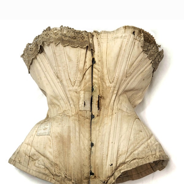 Antique French Victorian Cotton Corset With Lace Trim And Whale Baleen Boning, ca. 1880s
