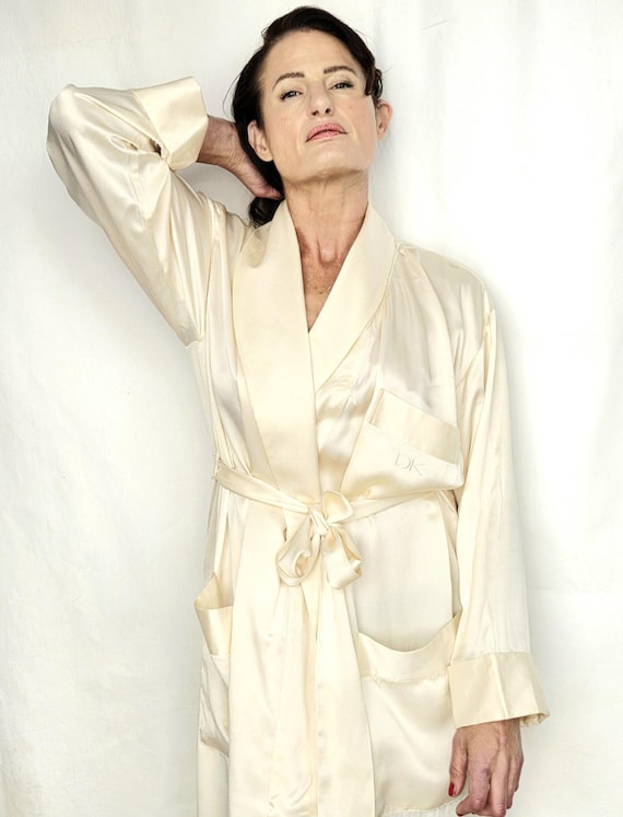 1990s Donna Karan Long 100% Silk Robe With Shawl Collar And Logo Pockets