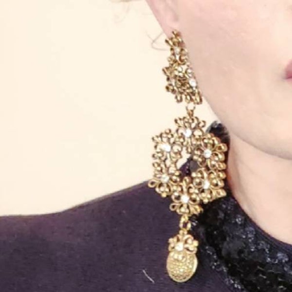 1990s Jose Maria Barrera For Avon Imperial Elegance Shoulder-Duster Gold And Rhinestone Floral Filigree Earrings