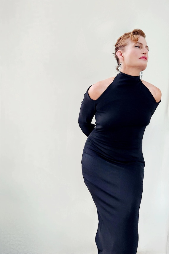 donna karan new york women's a-line halter dress Vintage 1990s Black Label Halter-neck Black Stretch Jersey Gown Sleeveless