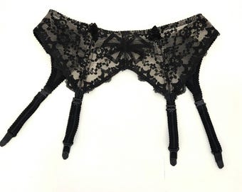 1950s Bali Vintage Black Illusion Lace Garter Belt With Bow