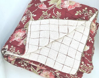 Antique 1900s French Handmade Reversible Floral/Checked Boutis Signed By Artist