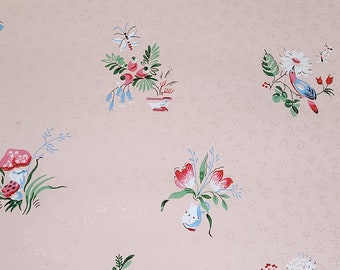 16+ Yards Antike 1920er Französische Rosa Botanische Tapete mit Metallic-Akzenten und Vögeln, Käfern und Pilzen