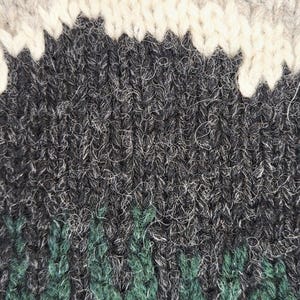 Peut inclure: Gros plan sur un tissu tricot&eacute; avec un motif textur&eacute;. Le design pr&eacute;sente des bandes de gris, blanc, noir et vert. Le tricot a un aspect &eacute;pais et volumineux, sugg&eacute;rant un textile chaud et confortable.