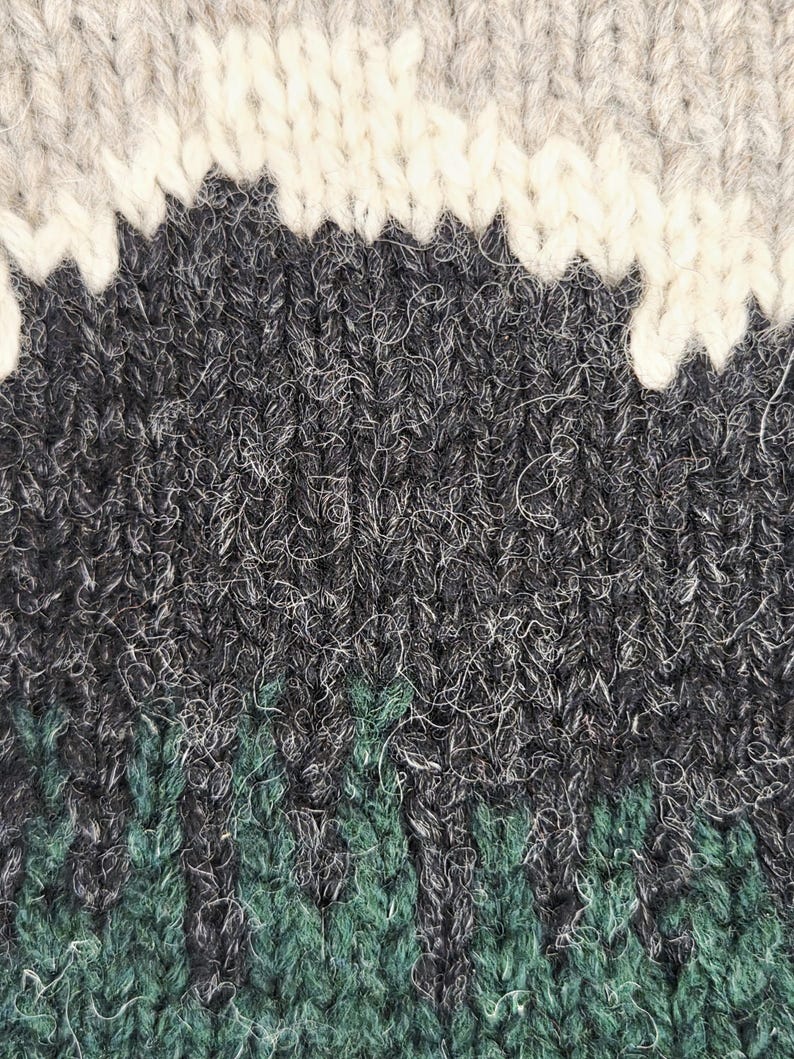 Peut inclure: Gros plan sur un tissu tricot&eacute; avec un motif textur&eacute;. Le design pr&eacute;sente des bandes de gris, blanc, noir et vert. Le tricot a un aspect &eacute;pais et volumineux, sugg&eacute;rant un textile chaud et confortable.