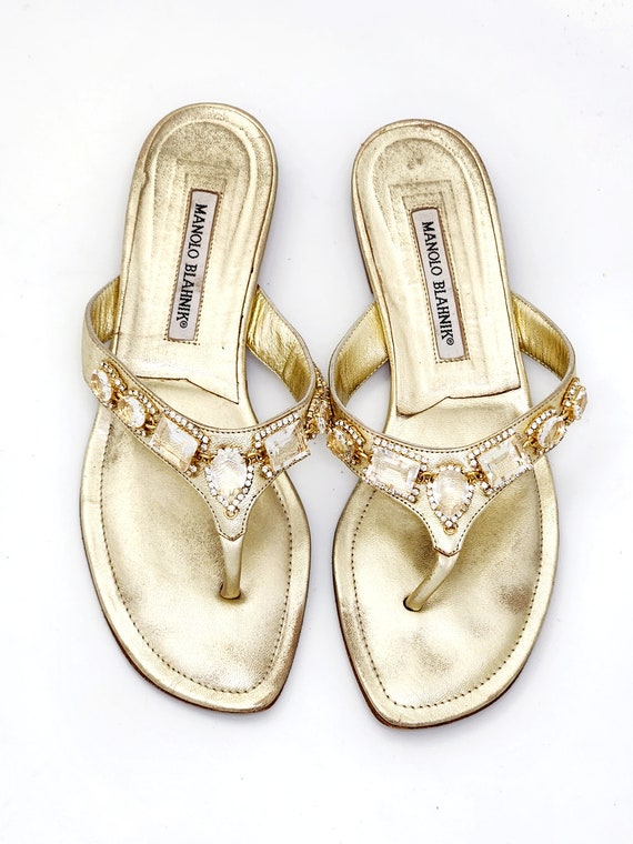 Vintage Manolo Blahnik Gold Lame Thong Sandals With Crystal and Rhinestone Embellishments Etsy Canada
