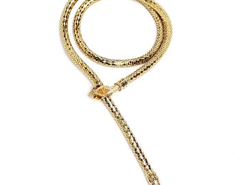 Stunning 1960s Whiting And Davis Gold Serpent Necklace With Jeweled Head And Marquise Cut Crystal Eyes