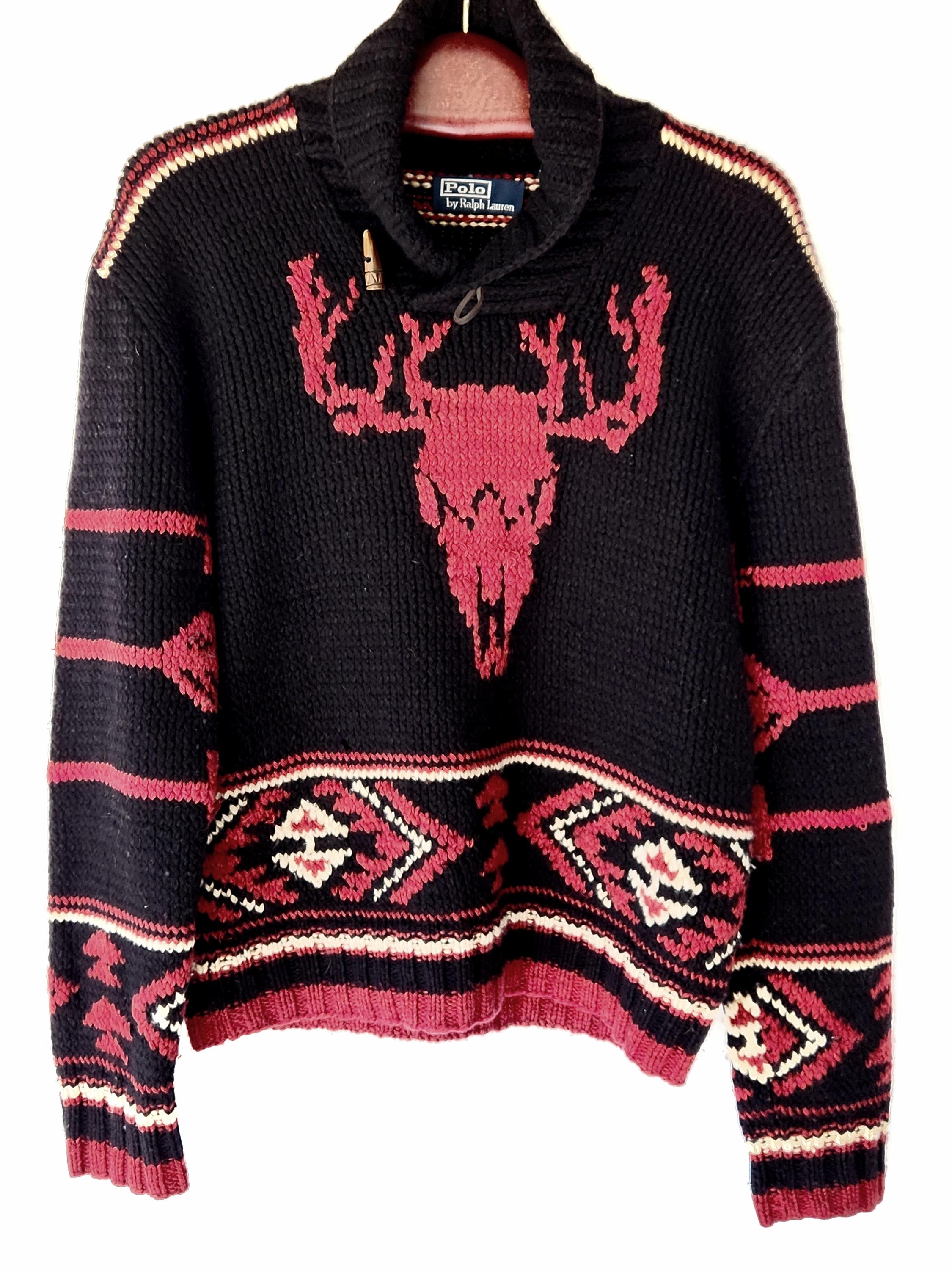 Polo Ralph Lauren 1990s Vintage Handknit Navajo Skull Shawl Collar