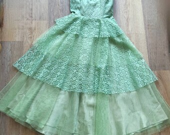 Perfection! 1950s True Vintage Pistachio Satin, Tulle, And Lace Strapless Cupcake Dress. Size XS