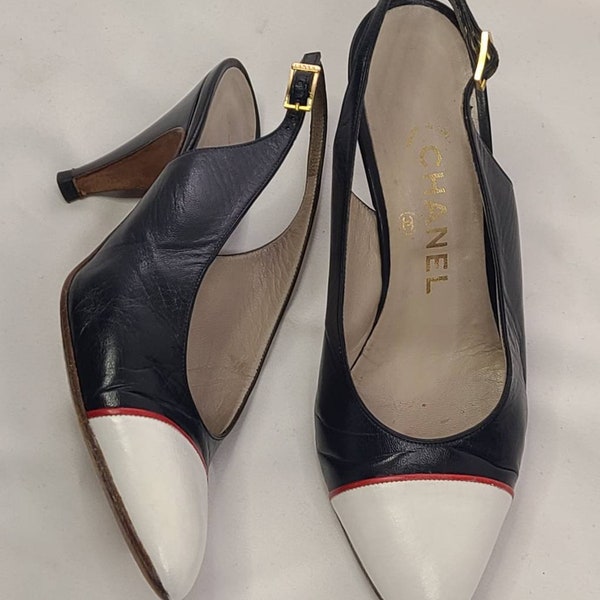 Vintage Chanel Spectator Slingback Pumps ca. late 70s early 80s. Navy, white, red, gold logo buckles. Size 6 1/2. Includes Chanel box