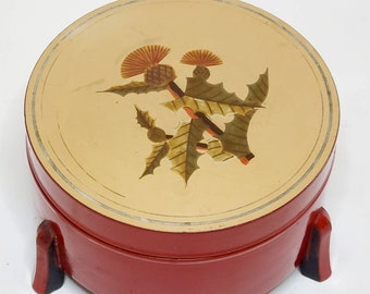 Unique Japanese Antique Wood Lacquer Box. Round with superb thistle overlay and silver border on lid upon rare three legged body. 6.5x4in.