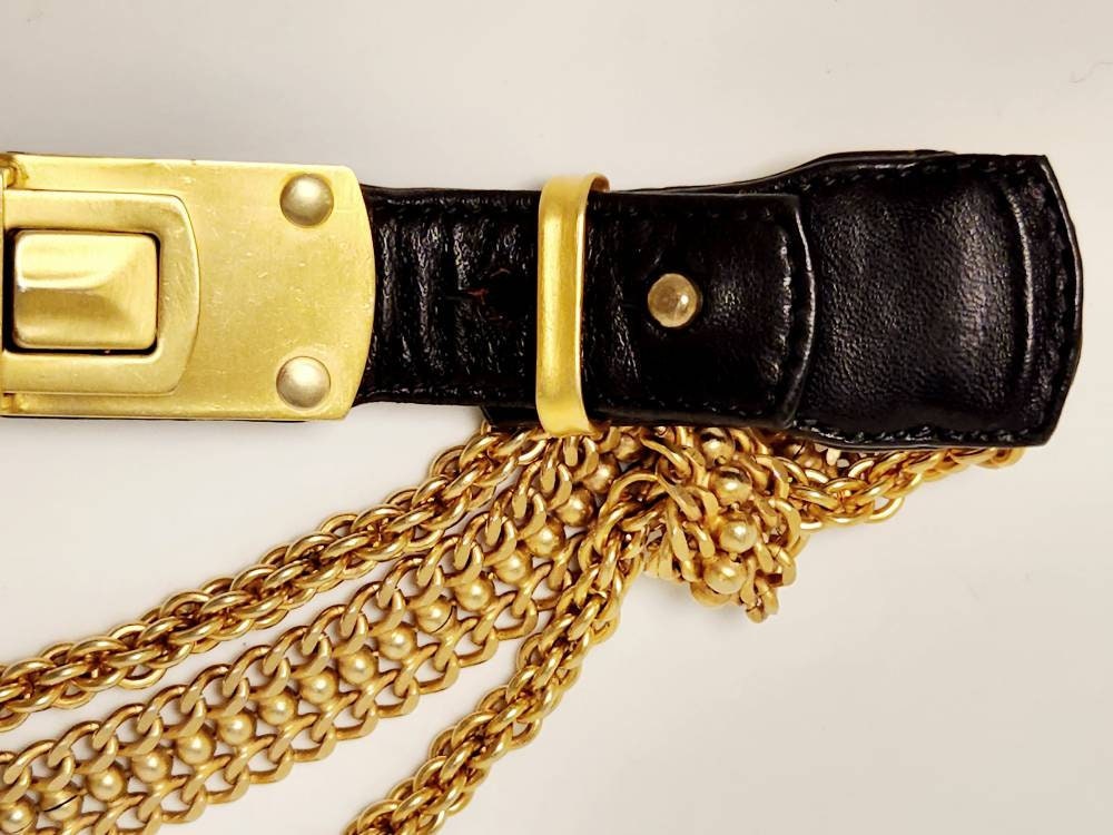 Vintage Donna Karan Black Leather Belt with Gold Buckle & Chain Drape Details Donna Karan New York Black Leather Belt with Gold Buckle  main image 4