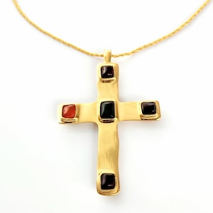 Vintage Anne Klein Couture Byzantine Cross Necklace With Jewel-Tone Cabochons
