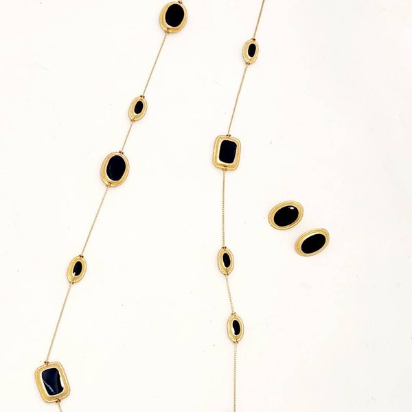 Anne Klein Couture 1980s Byzantine Signed Pate De Verre Parure. Matte gold and black enamel station necklace and earrings. Length is 36in