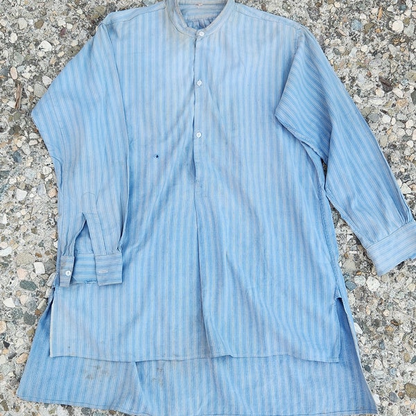 Antique French Striped Cotton Work Tunic With Banded Collar