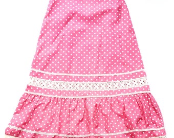 Vintage French Barbiecore Pink Polka-dot Taffeta Maxiskirt With Crochet Trim