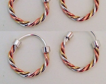 18k Gold, Fine Silver and Pure Copper Three Metal Braided Ear Rings with Free Shipping and Polish Cloth. Goldsmith Handcrafted