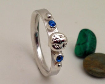 NW Handmade Heavy Sterling Silver Ring with Large Silver Nugget, 2 Kashmir Topaz and Free Shipping