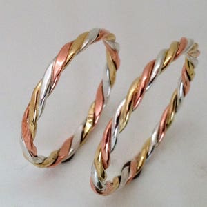 18k Gold, Fine Silver (99.9) and Pure Copper (99.9) Three Metal Braided Ring with Free Shipping and Polish Cloth. Goldsmith Handcrafted
