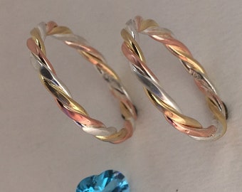 22K Gold, Fine Silver (99.9) and Pure Copper (99.9) Three Metal Braided Ring with Free Shipping and Polish Cloth. Goldsmith handcrafted.