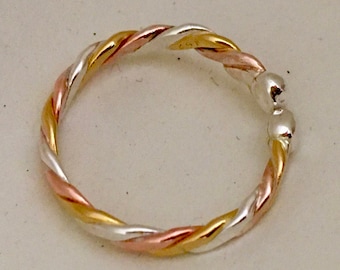 14K, 18K or 22K Gold, Pure Silver  and Pure Copper Adjustable Braided Ring with Free Shipping and Free Polish Cloth. Goldsmith handcrafted