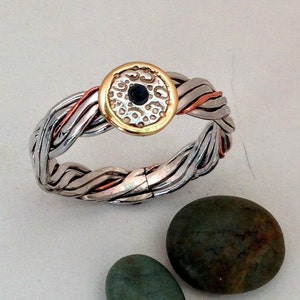 NW Handmade Sterling Silver Braided Band with 18k Gold Halo around a 2mm Blue Sapphire Ring with Free Shipping and Polish Cloth