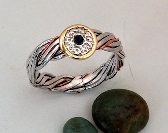 NW Handmade Sterling Silver Braided Band with 18k Gold Halo around a 2mm Blue Sapphire Ring with Free Shipping and Polish Cloth