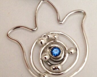 Sterling Silver Lotus Pendant with Cosmic Spiral and 3mm Kashmir Blue Topaz and Free Shipping