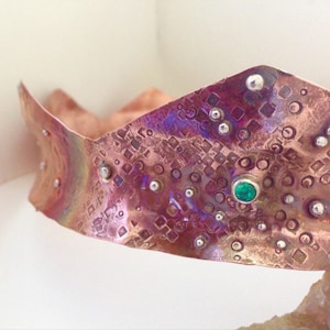 Handcrafted Textured Copper Crown with Sterling Silver, simulated Emerald and Free Shipping