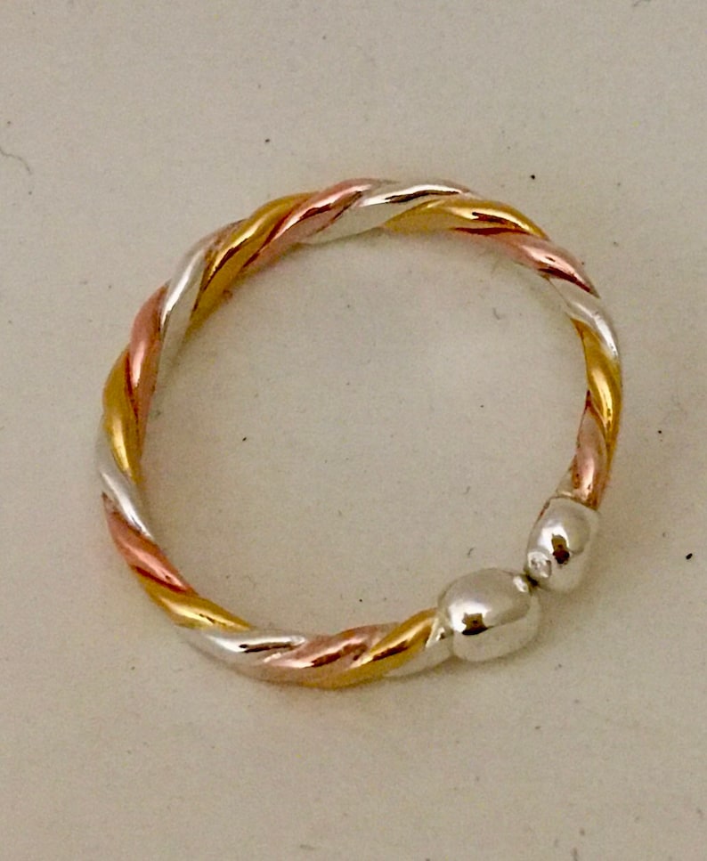 22K Gold, Pure Silver 99.9 and Pure Copper 99.9 Adjustable Braided Ring with Free Shipping and Free Polish Cloth. Goldsmith handcrafted image 3