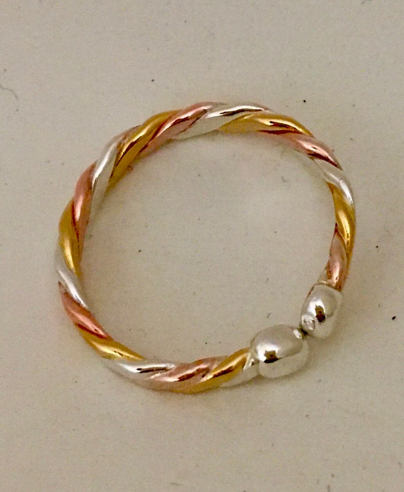 22K Gold, Pure Silver 99.9 and Pure Copper 99.9 Adjustable Braided Ring with Free Shipping and Free Polish Cloth. Goldsmith handcrafted image 5