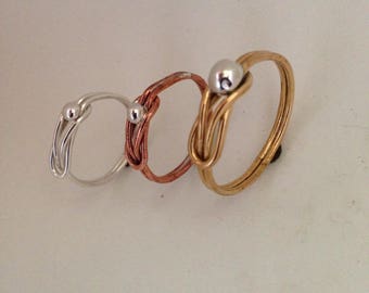Square Knot Love Knot Ring with Sterling Silver Element Handcrafted in Silver Brass or Copper with Free Shipping and Free Polish Cloth