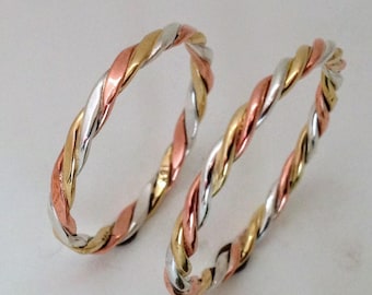 14K Gold, Fine Silver (99.9) and Pure Copper (99.9) Three Metal Braided Ring with Free Shipping and Polish Cloth. Goldsmith handcrafted.