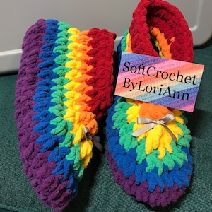 Soft Chenille, Mary Jane, Crochet,Rainbow Slippers, Any Size, Any Color. Custom made to order, ships in 1-2 business days.