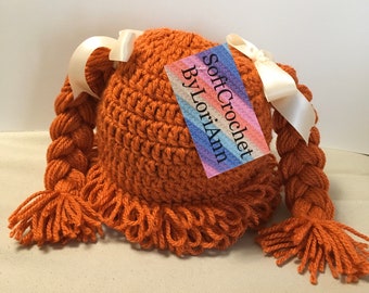 Crocheted Cabbage Patch Wig Hat: Braided Pigtails, Baby/ Children / Adult Costume sizes.