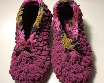 Crochet Chenille Slippers: Mary Jane Ballerina Style, Custom Color