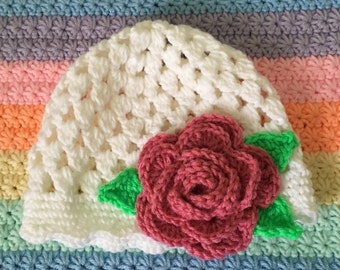 Spring, Easter, Flower, Beanie, Hat, crochet hat, White, pink flower. Baby's , Child's & Women's sizes.Custom,Ready to ship 1 Business day