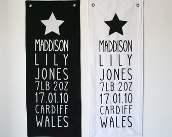 Personalised Star Birth Details Monochrome Nursery Eyelet Banner Wall Hanging