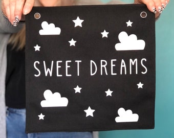Sweet Dreams Monochrome Square Fabric Eyelet Banner Wall Hanging