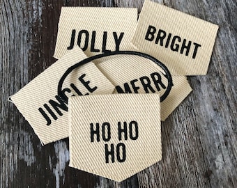 Christmas Fun-Word Teeny Banners - Set of 5 in un-dyed cotton, Christmas Tree Decorations, Christmas Decorations, Hanging Decorations