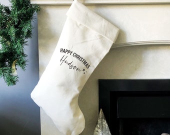 Personalised Happy Christmas Name Stocking - Handmade Natural Cotton Stocking with Black Details