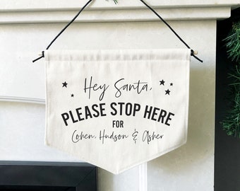 Handmade Personalised Hey Santa Banner in Natural Un-dyed Cotton Fabric