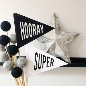 Monochrome Handmade Mini Waver Flags, Home Decor, Photo Prop, Black and White One Word Flags, Cake topper, Accessory