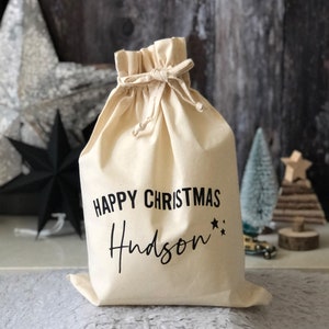 Christmas Personalised Gift Sacks - Reusable Un-dyed cotton Draw String Sack, Christmas Stocking Alternative