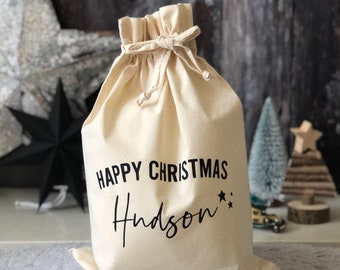 Christmas Personalised Gift Sacks - Reusable Un-dyed cotton Draw String Sack, Christmas Stocking Alternative