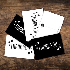 Conjunto de 5 cartões postais de agradecimento A6, preto, branco, estrelas, monocromático, cartões de agradecimento, apenas um pequeno bilhete para dizer...