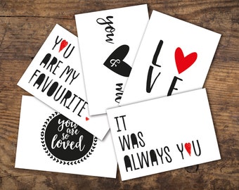 Set of 5 A6 Love Postcards, Black, white, heart, monochrome, You are my favourite, You are so Loved, It was Always You, Love You, You & Me